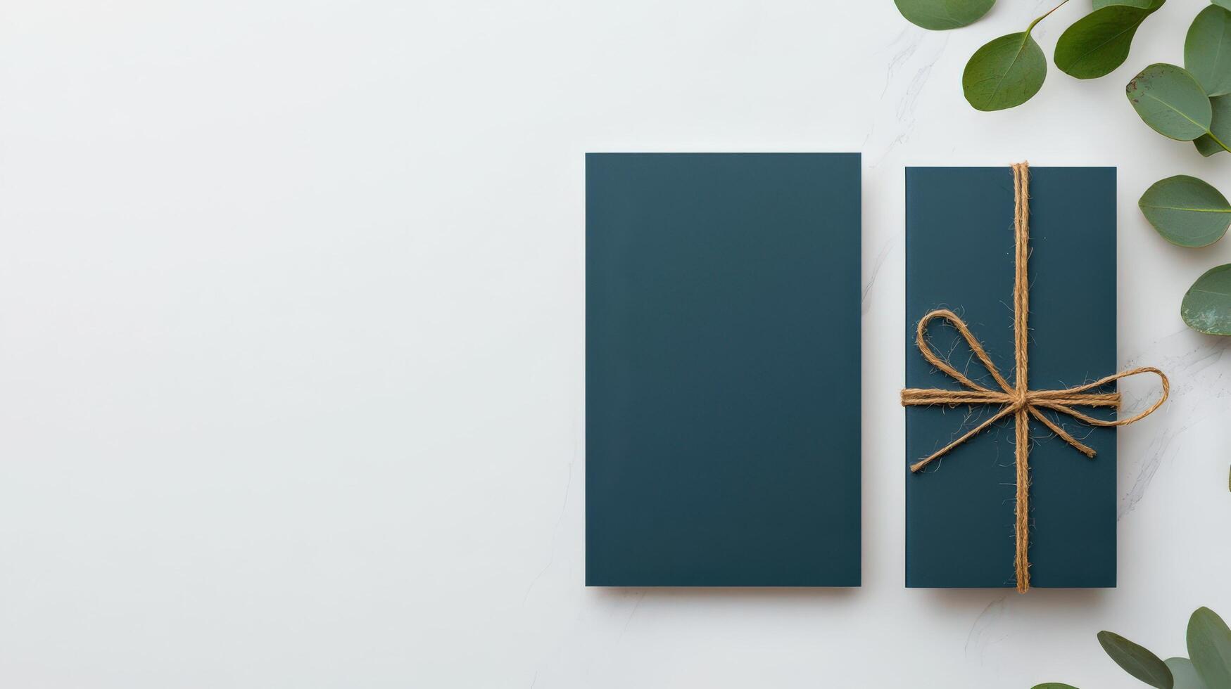 A blue card with a brown ribbon is on a white background photo