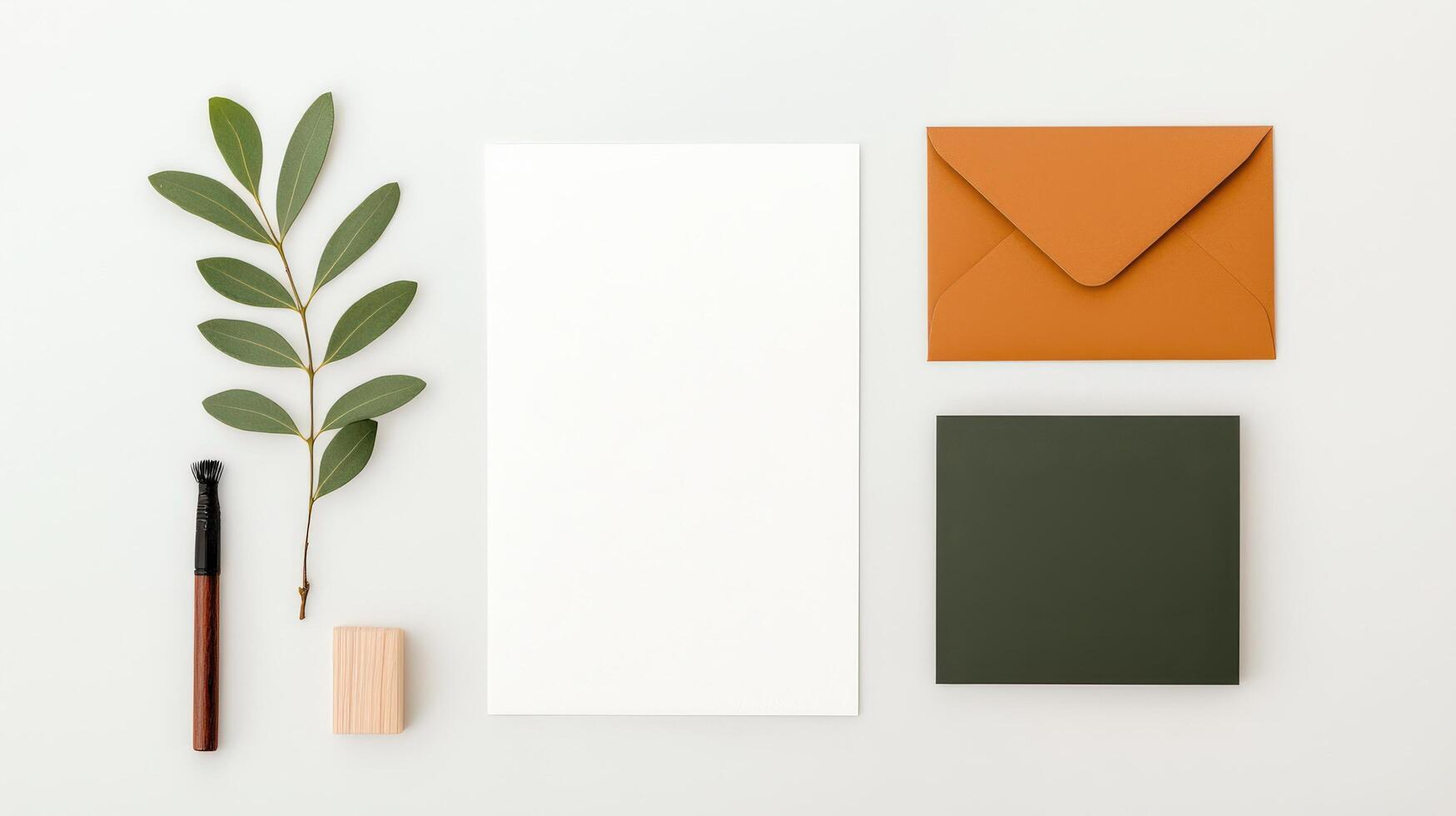 A white envelope sits on a table next to a pen and a leaf photo
