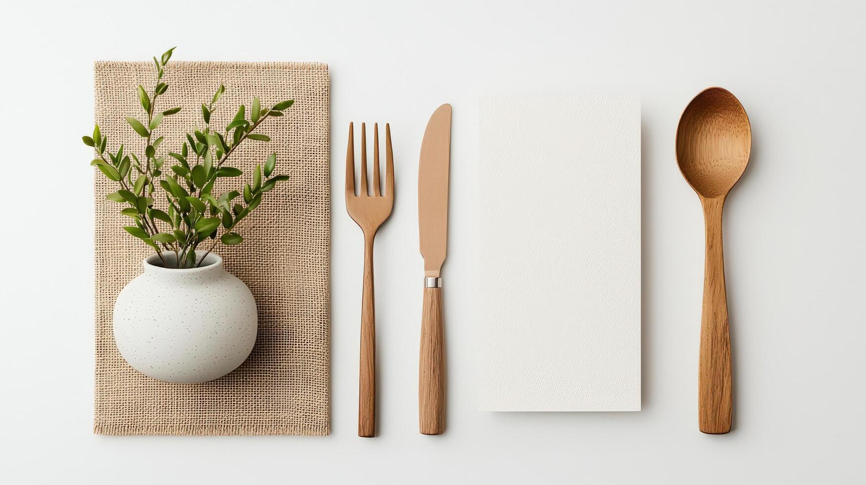 A white plate with a vase of green leaves and a fork, knife and spoon on it photo