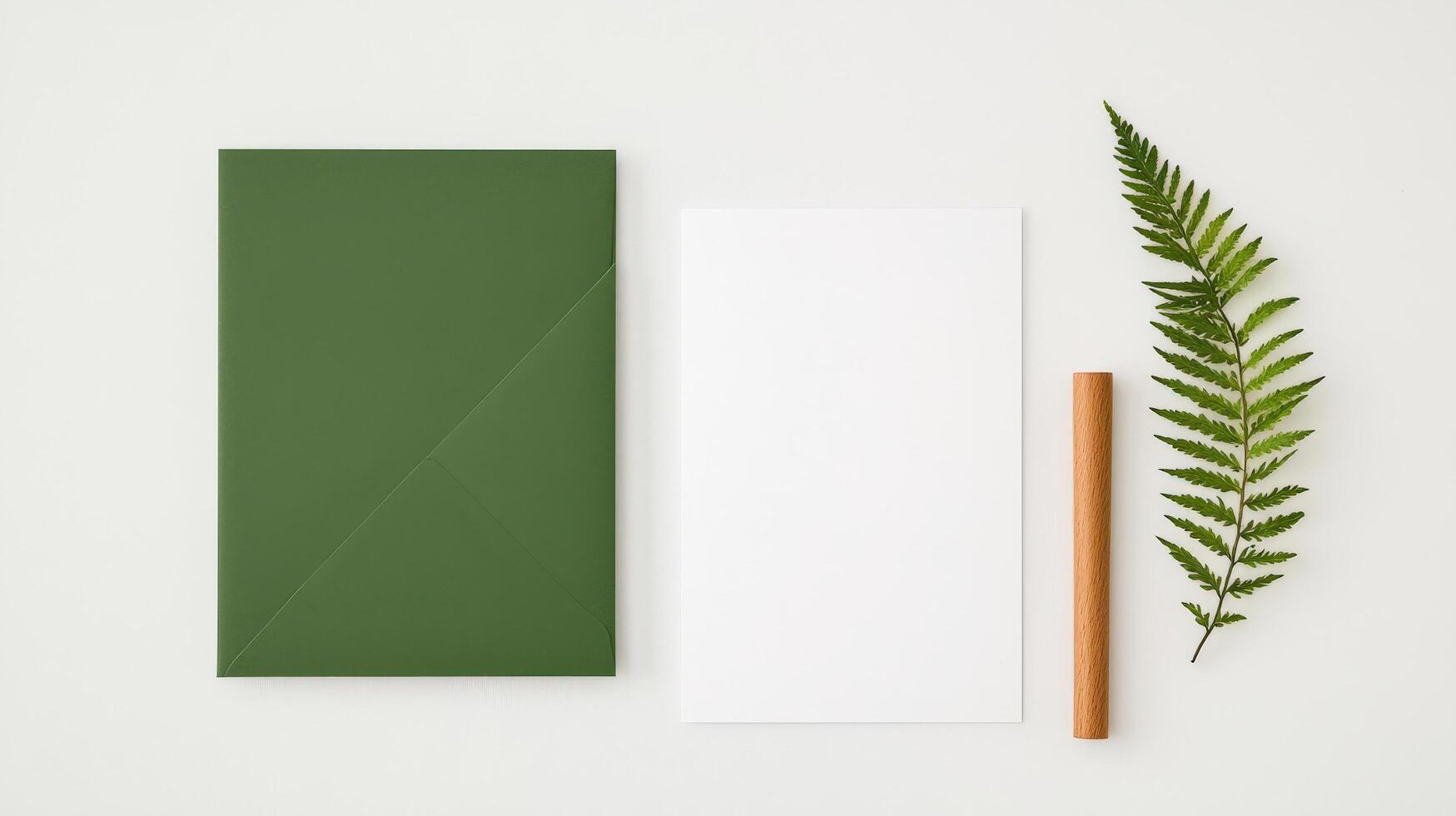 A green envelope sits on a white background with a leaf and a wooden pencil photo