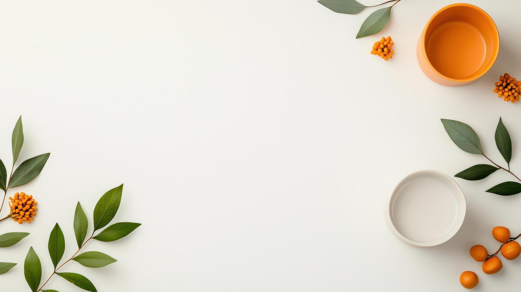 A white background with a leafy green border and orange flowers photo
