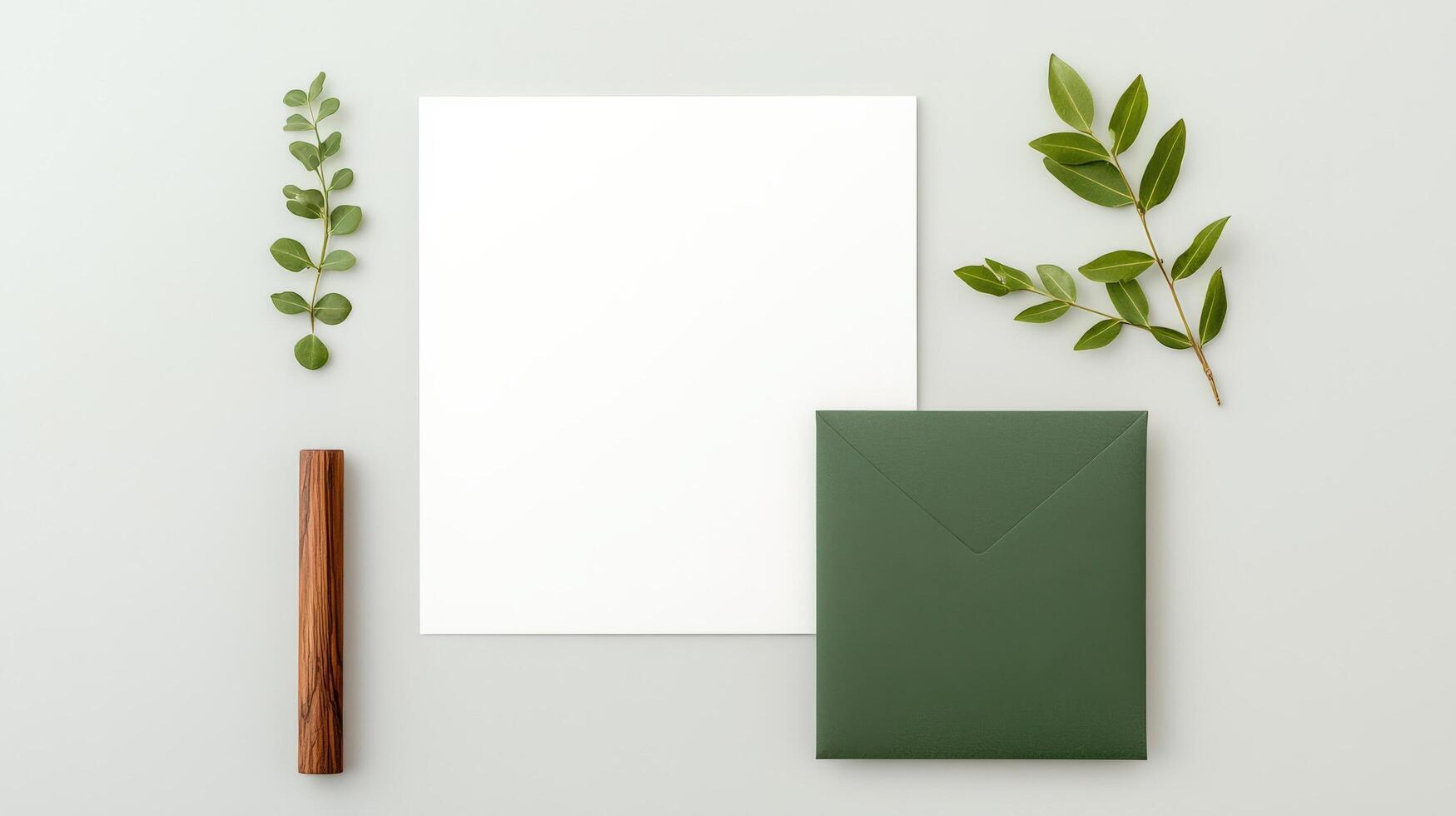 A white card with a green envelope and a stick of wood photo