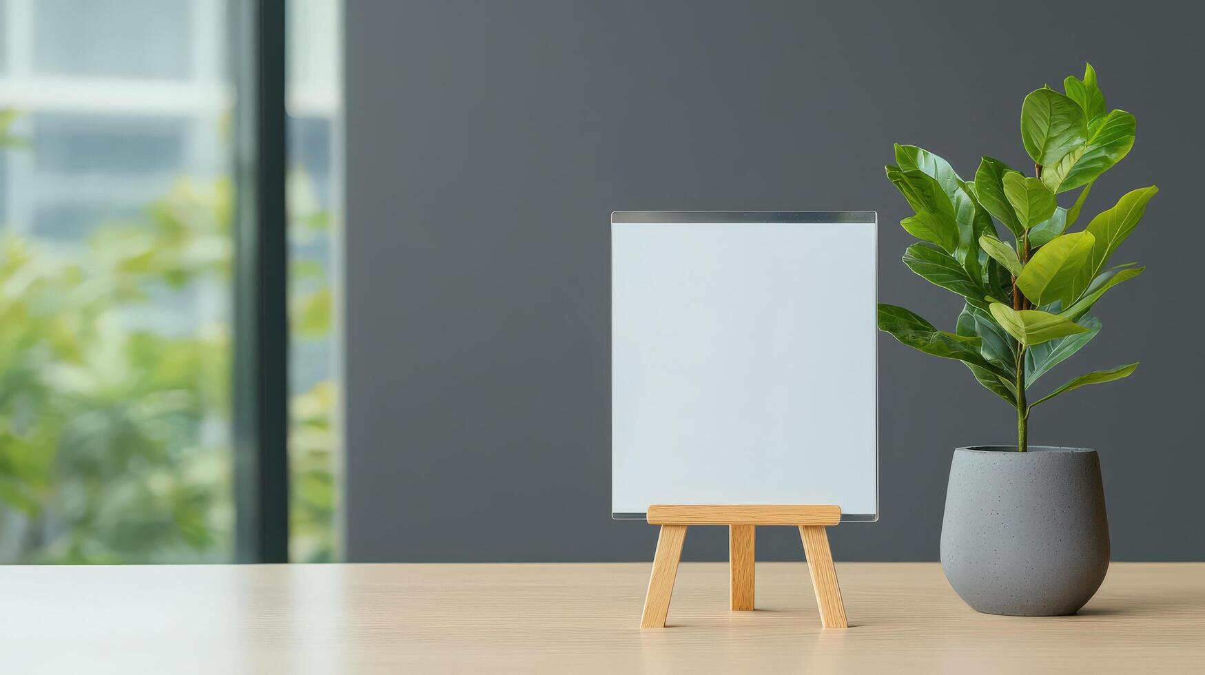 A white sign sits on a wooden stand next to a potted plant photo