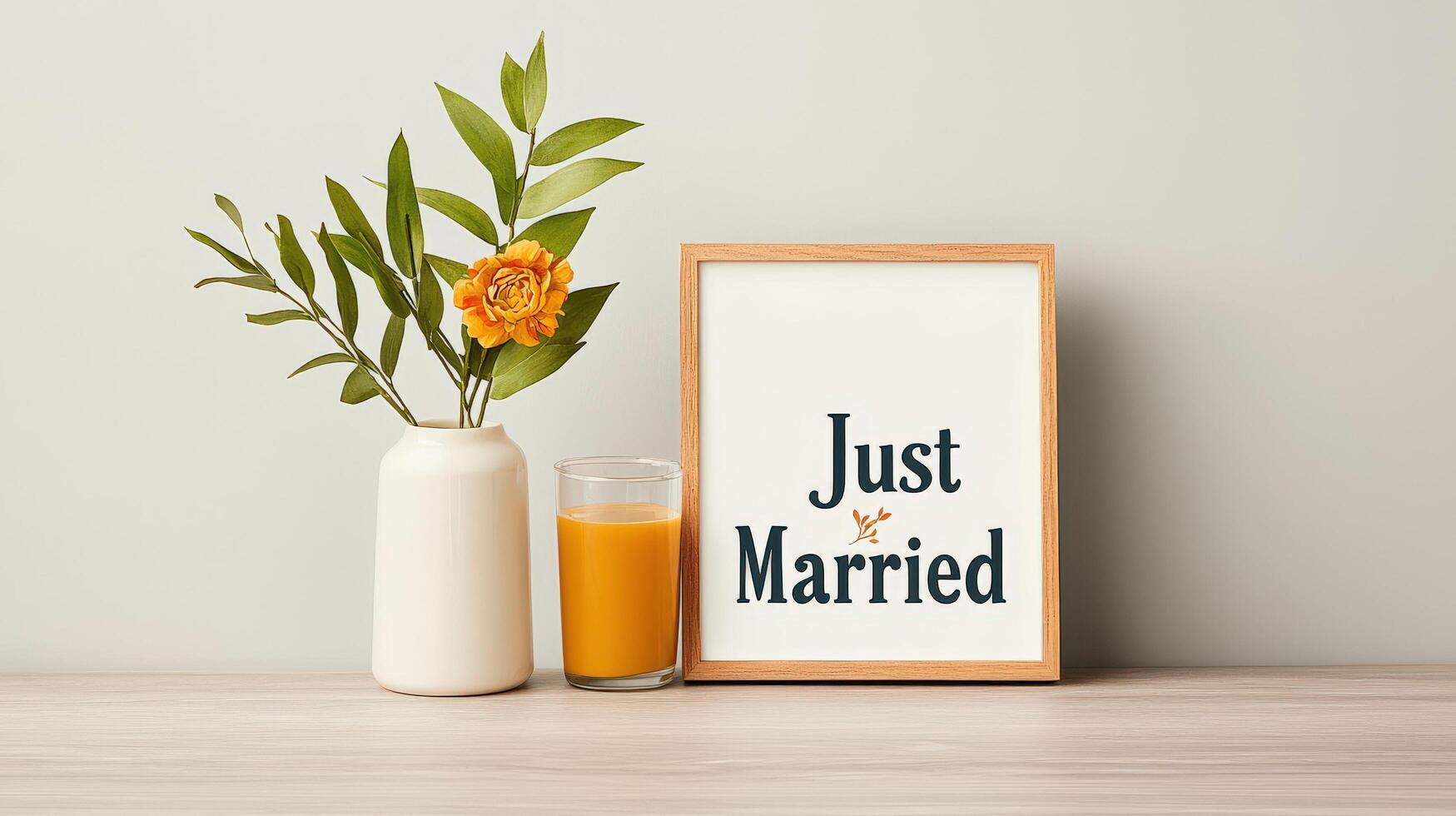 A vase with a flower and a glass of orange juice sits on a table photo