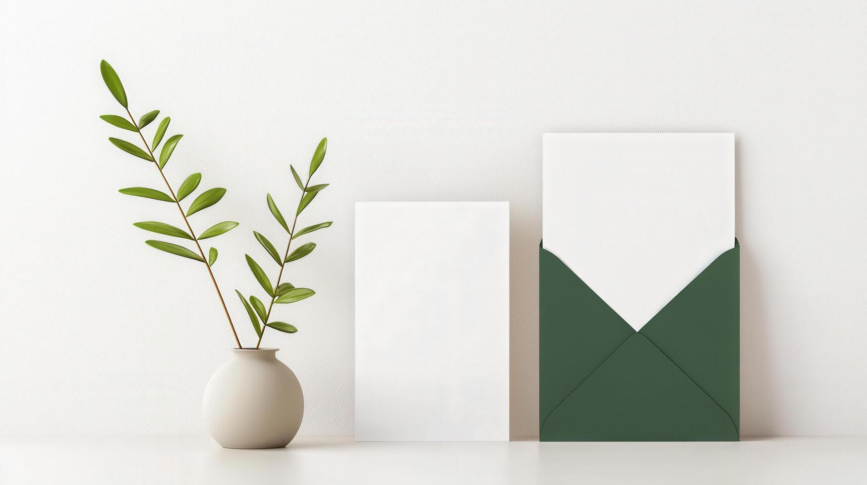 A white envelope sits on a table next to a vase with a green leaf in it photo