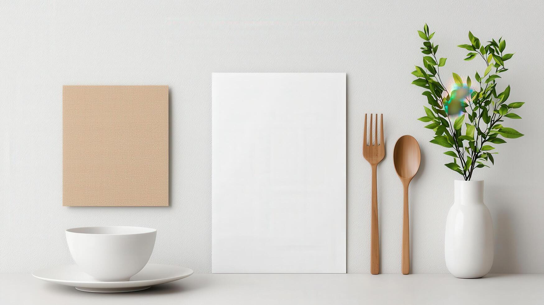 A white plate with a bowl and a fork and spoon on a table photo