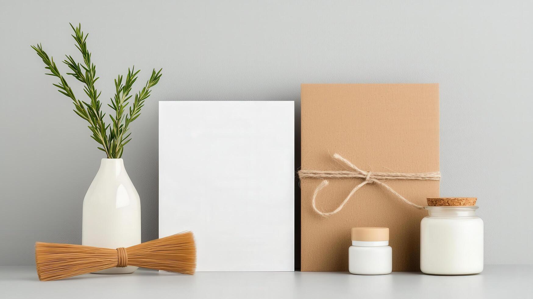 A white box with a brown ribbon tied around it sits on a table next to a vase of photo