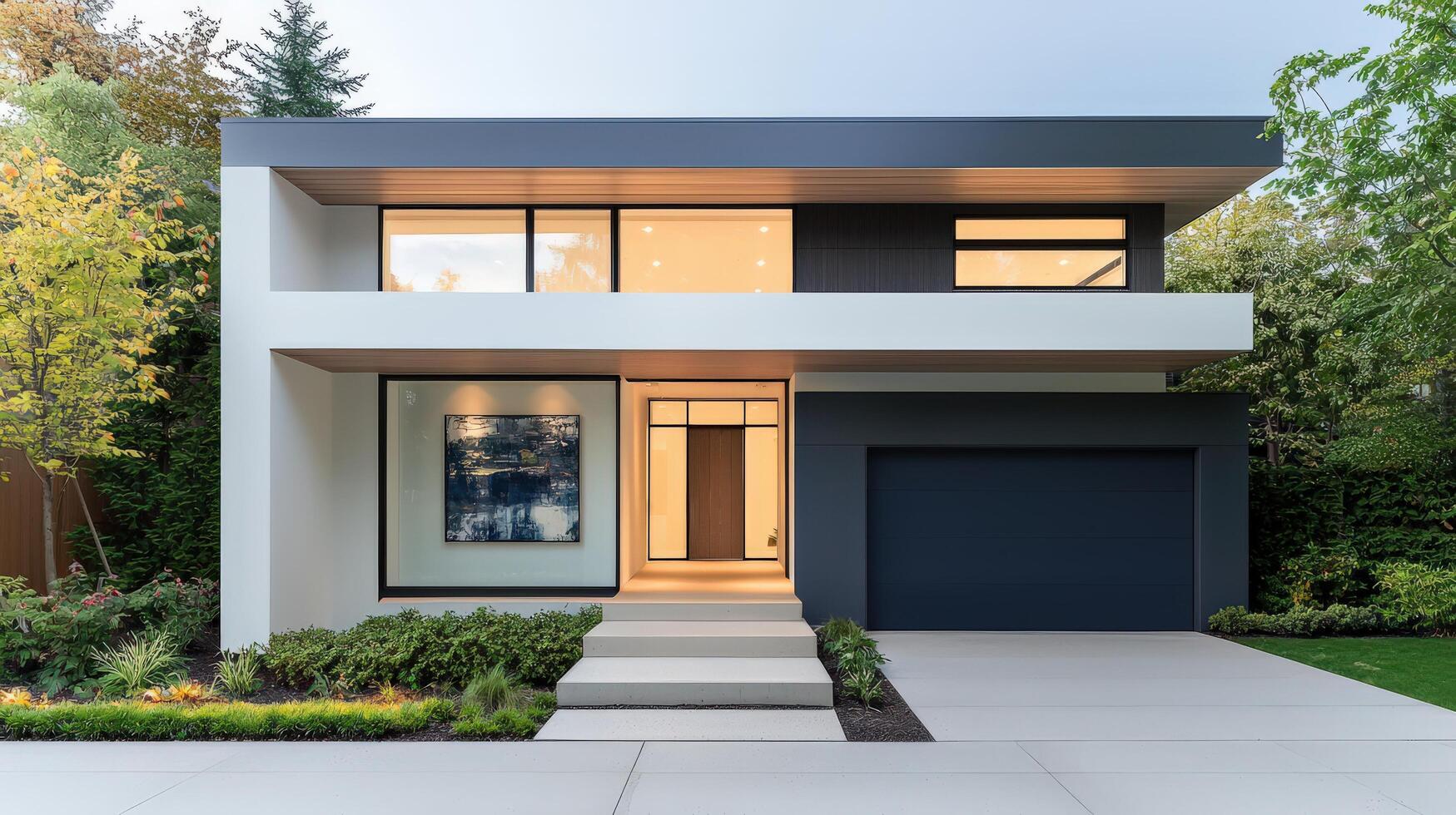 A large, modern house with a blue painting on the front door photo