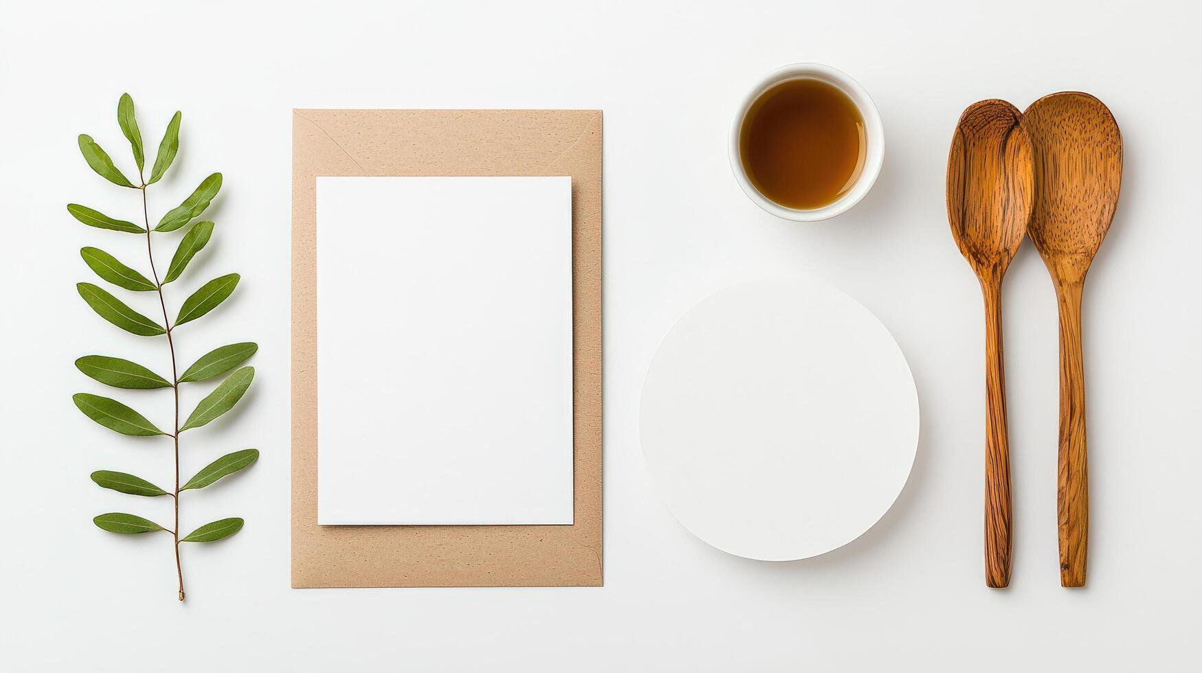 A white paper with a leaf on it and a spoon and a cup of tea photo