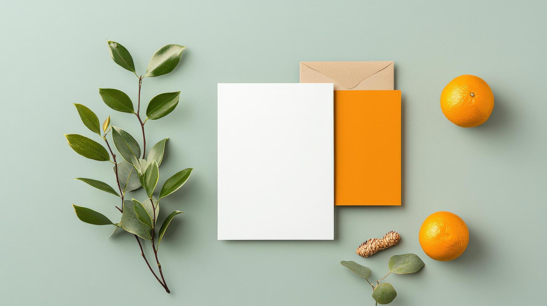 A white card with a leaf on it is on a table with an orange and a card photo