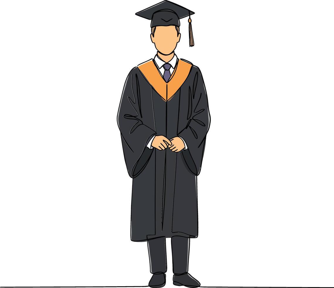 Graduate wearing black gown and cap with orange accents in minimal illustration vector