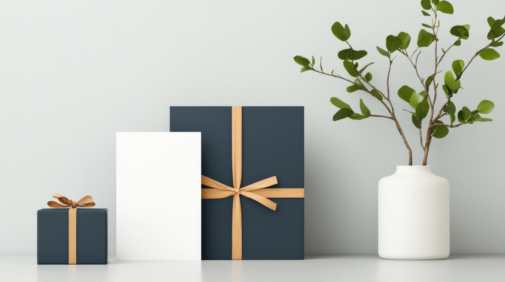 A white box with a blue ribbon sits on a table next to a vase photo