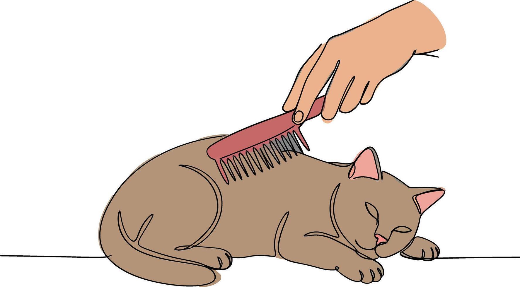 A person gently brushing a relaxed brown cat with a pink comb in a flat illustration vector