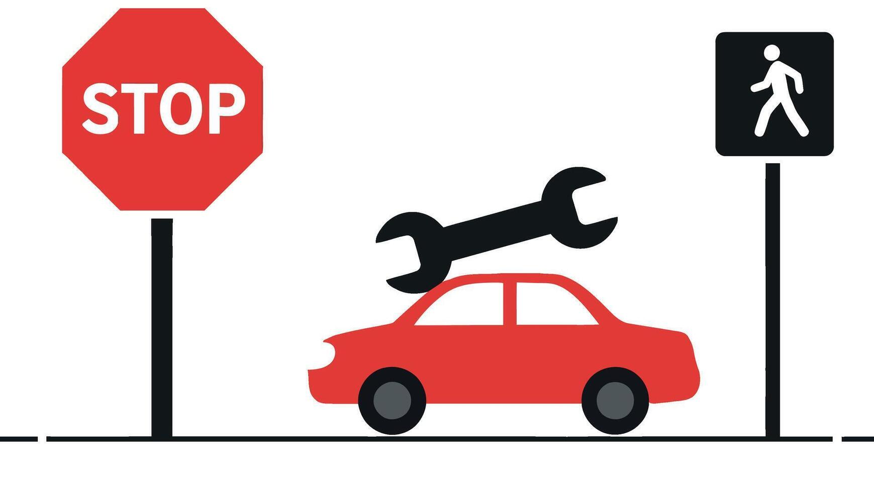 Red car with a wrench symbolizing repairs beside a stop sign in a flat illustration vector