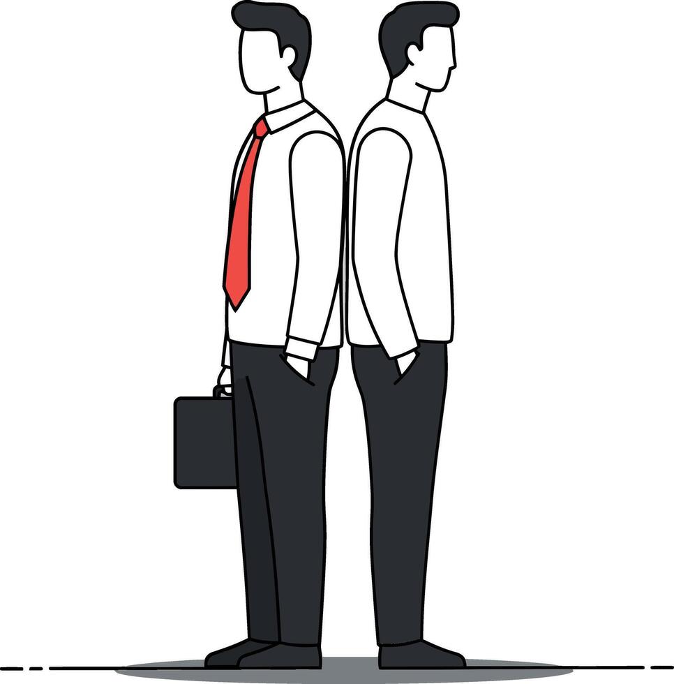 Two professional men standing back to back in a minimalist design with contrasting attire showcasing unity and divergence in art vector