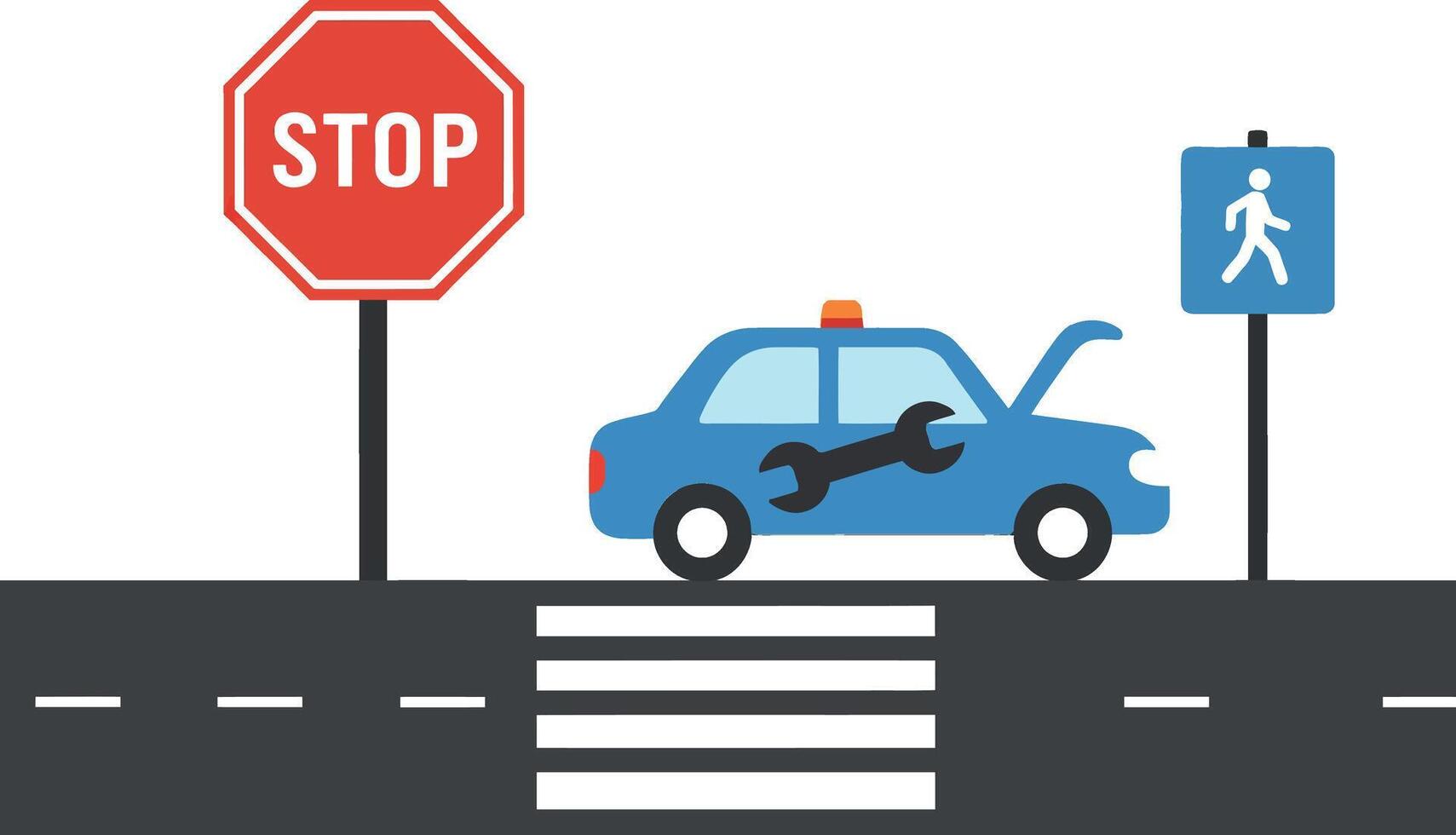 Blue car with open hood beside stop sign and pedestrian crossing in flat illustration vector