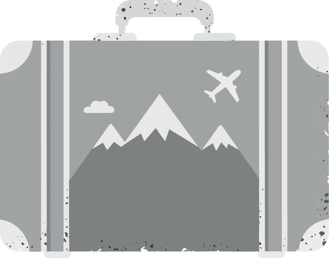 A detailed suitcase design featuring mountains, clouds, and an airplane in a flat illustration style representing travel and adventure vector