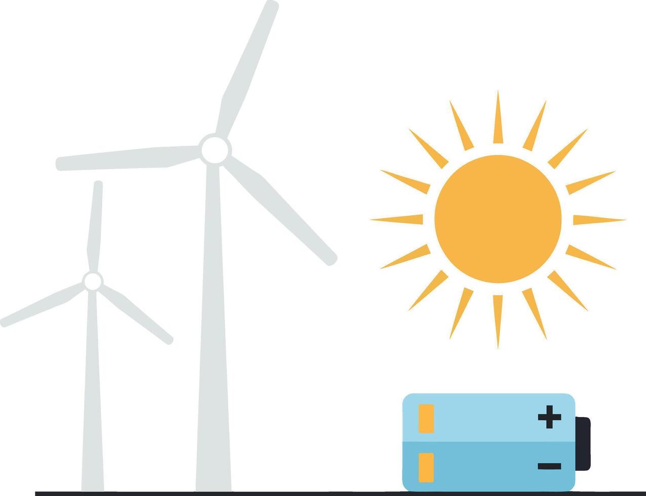 Wind turbines generating renewable energy beside a solar battery under a bright sun in a flat illustration vector