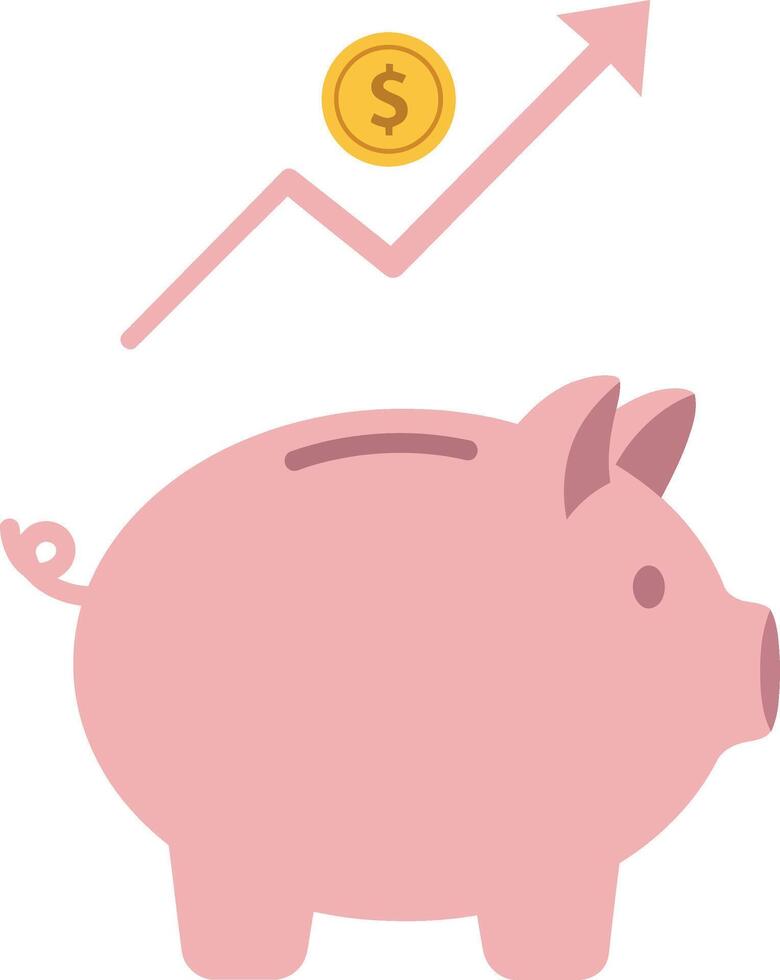 Pink piggy bank with a dollar coin and upward trend arrow in a minimal flat design illustration vector