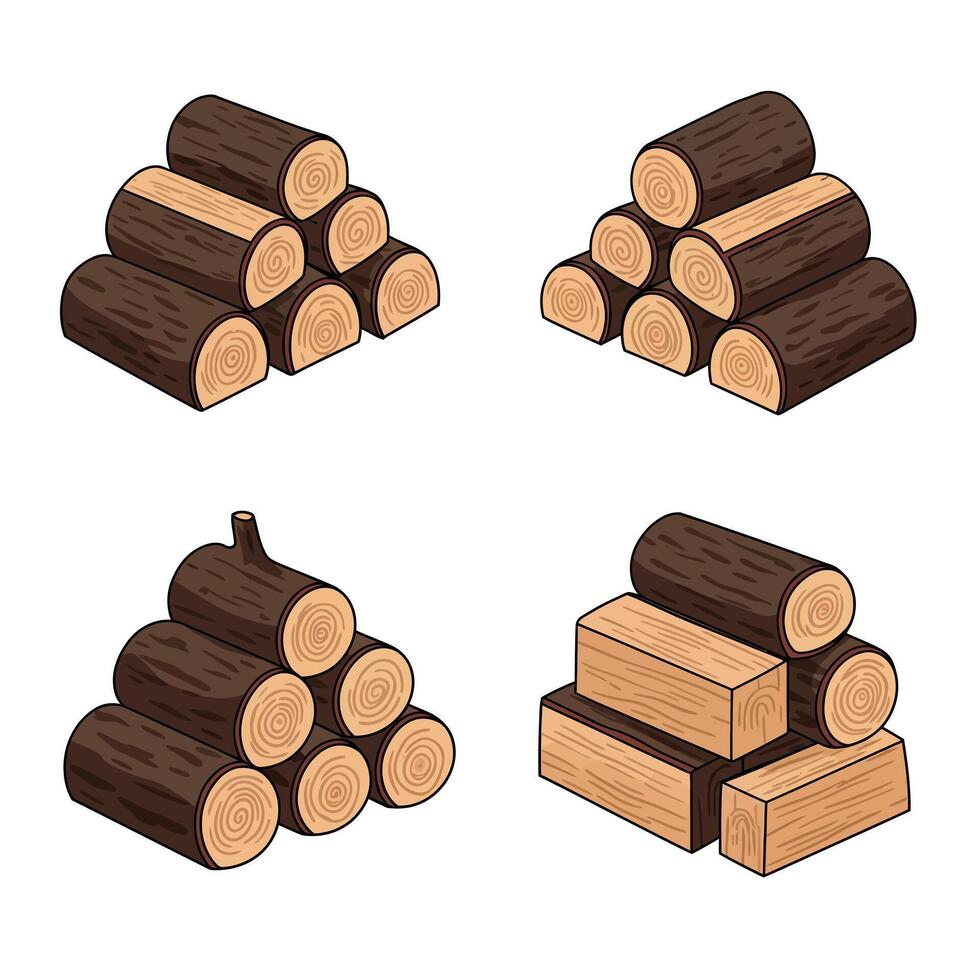 Piles of logs in various arrangements with a flat design style showcasing natural wood textures in art vector