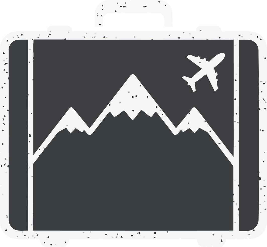 Suitcase featuring a mountain landscape and airplane design in minimal style, representing adventure and travel in art vector