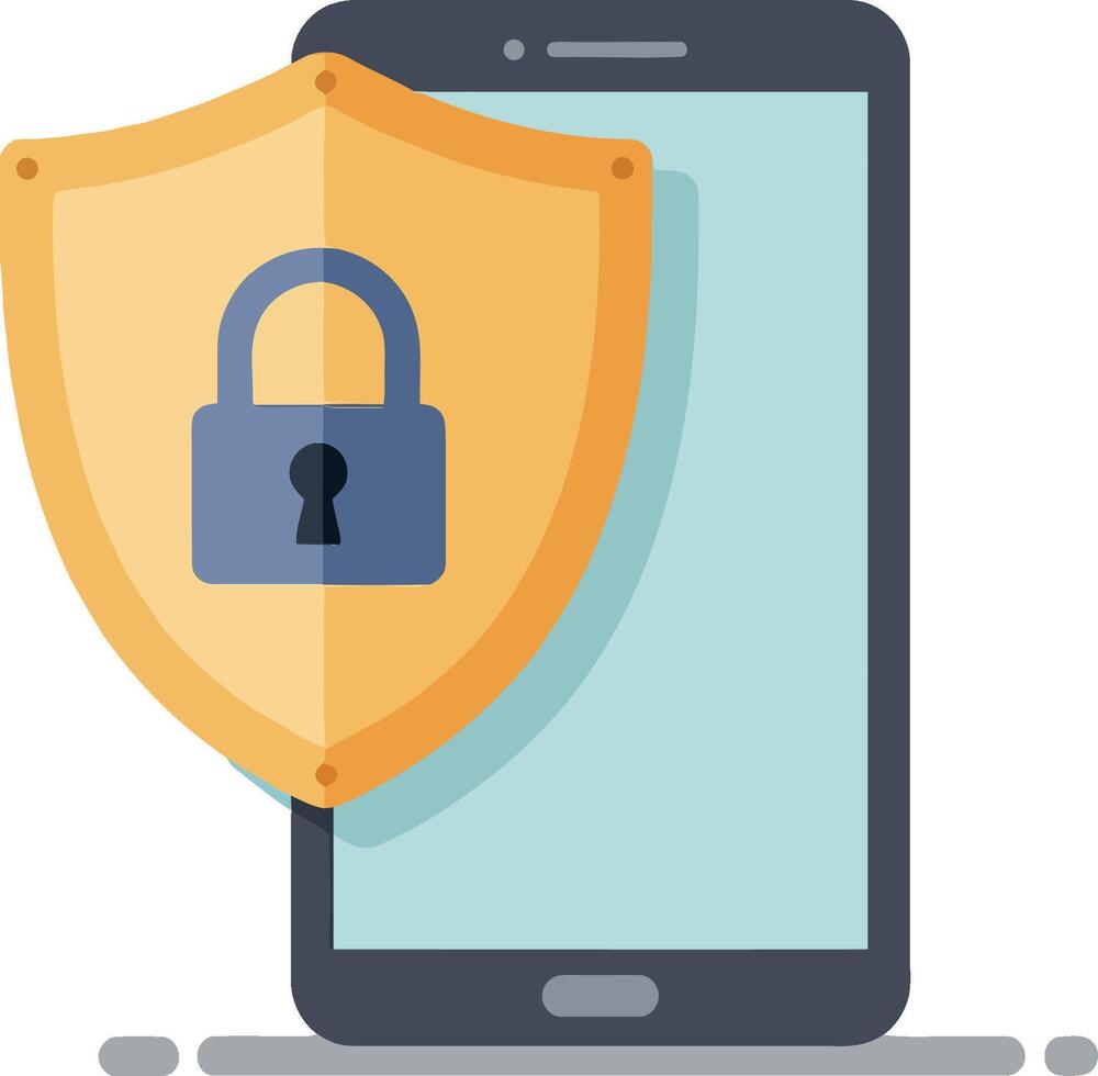 Smartphone with a protective shield featuring a lock symbol in a minimal flat design style representing digital security art vector