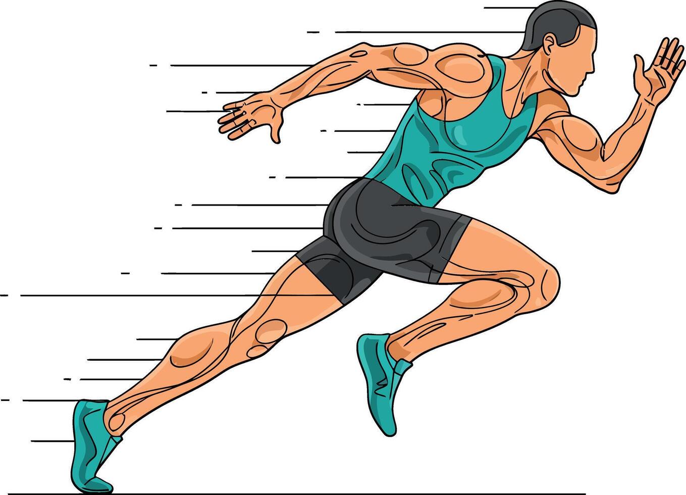 Dynamic male sprinter in motion showcasing athleticism in flat art style with speed lines emphasizing urgency and energy vector