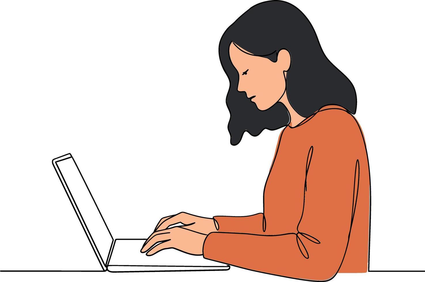 A focused woman typing on a laptop while wearing an orange sweater in a minimalistic workspace art vector