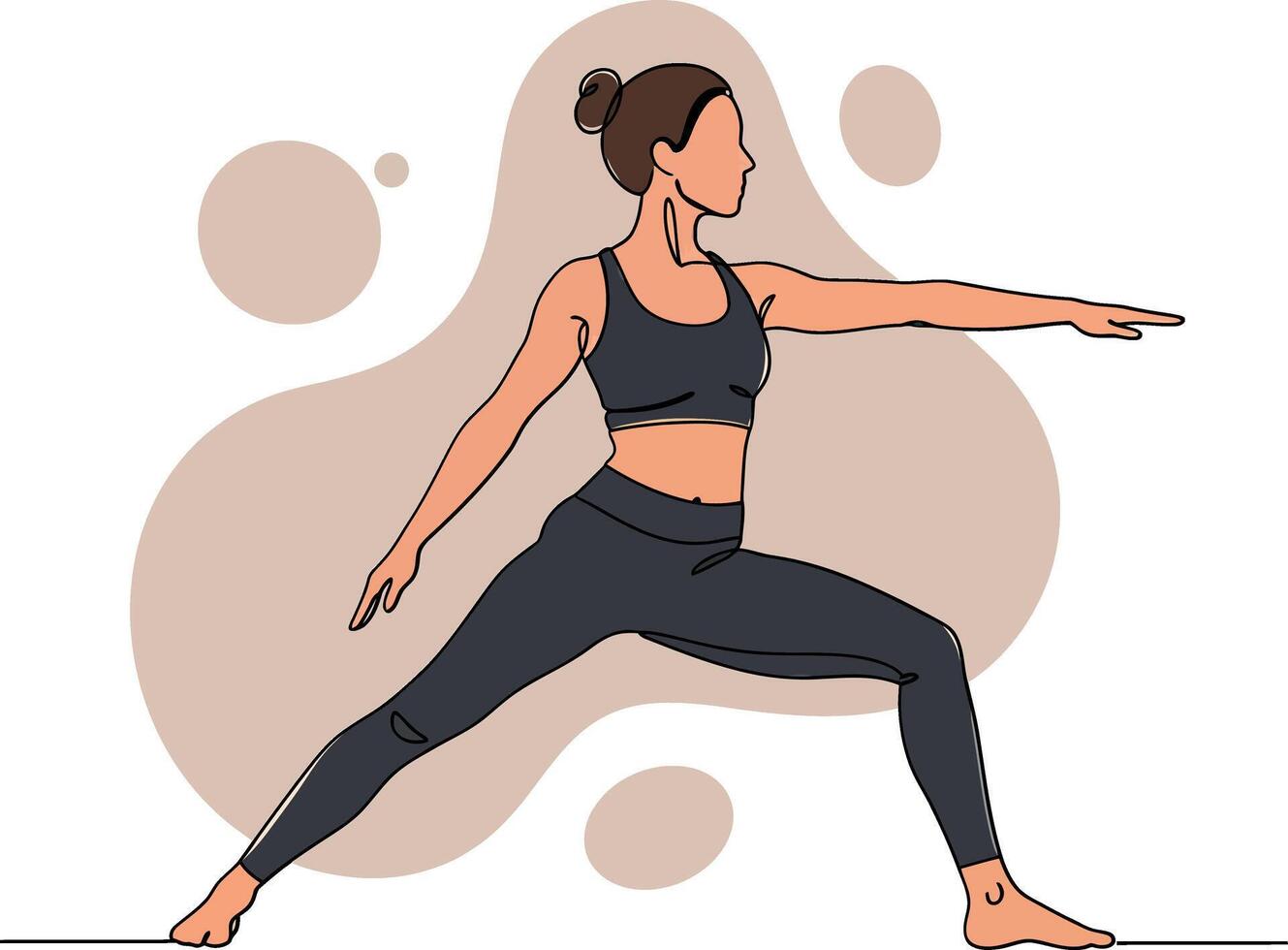 A woman practicing yoga in a warrior pose with minimalistic design elements and soft color palette in illustration vector