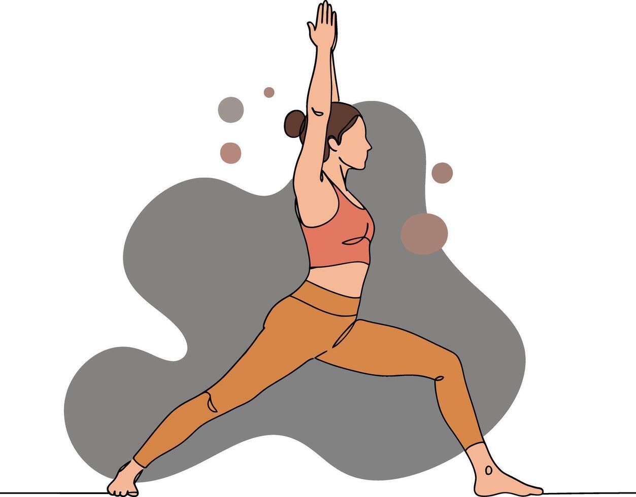 Woman practicing yoga in a warrior pose with a minimal design style and soft color palette in art vector