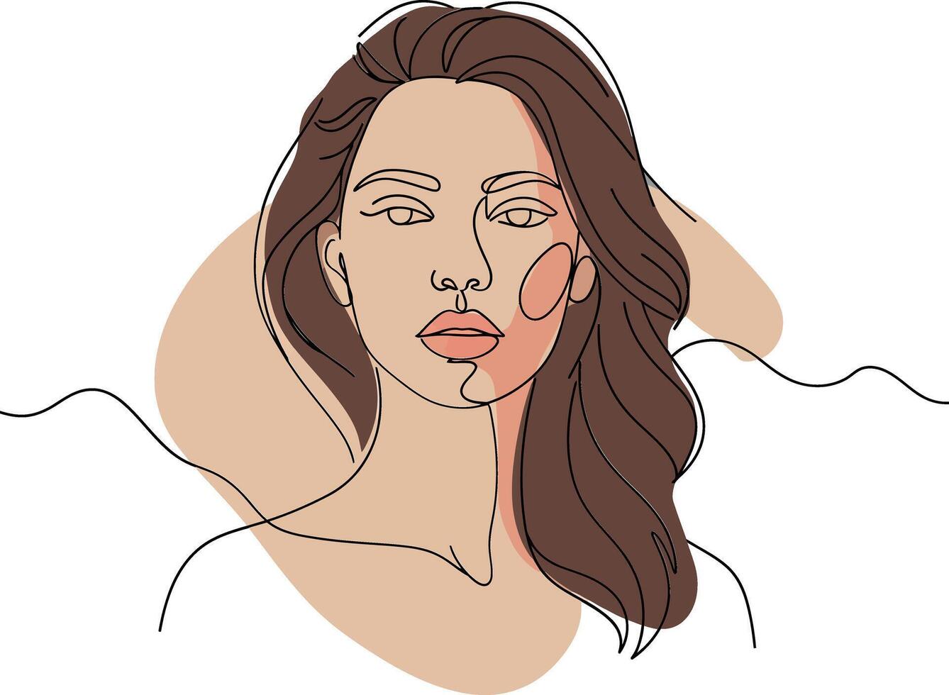 Minimalist line drawing of a woman with flowing hair in soft earth tones, showcasing elegance and serenity, illustration vector