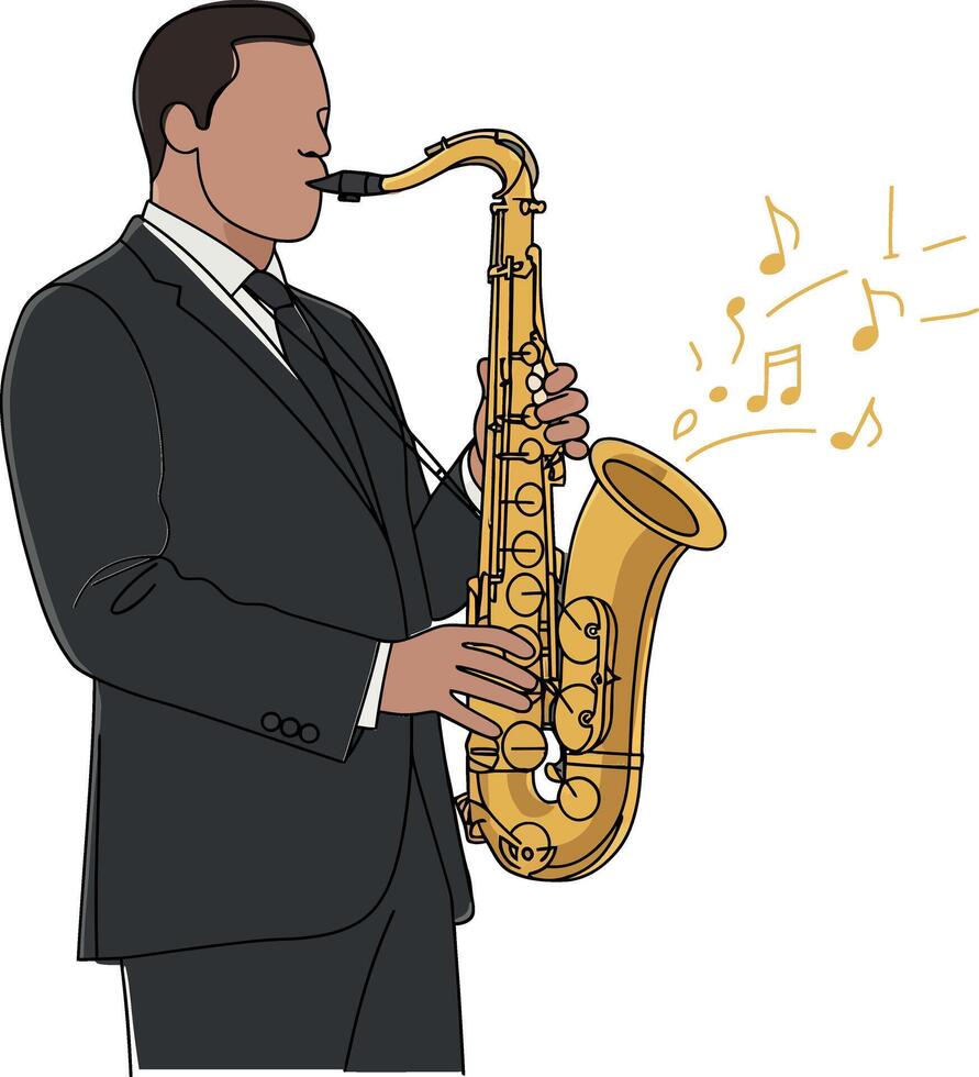 A man in a black suit passionately playing a golden saxophone in a lively jazz setting, detailed art vector