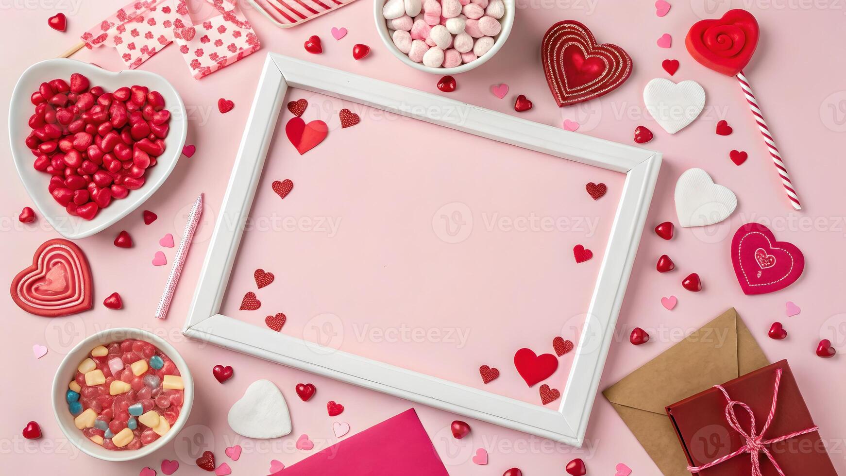 Valentines Day Pink Background Mockup with Candy Hearts and Frame photo