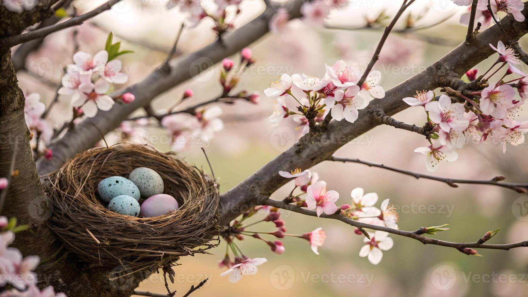 Bird Nest with Eggs in a Cherry Blossom Tree photo