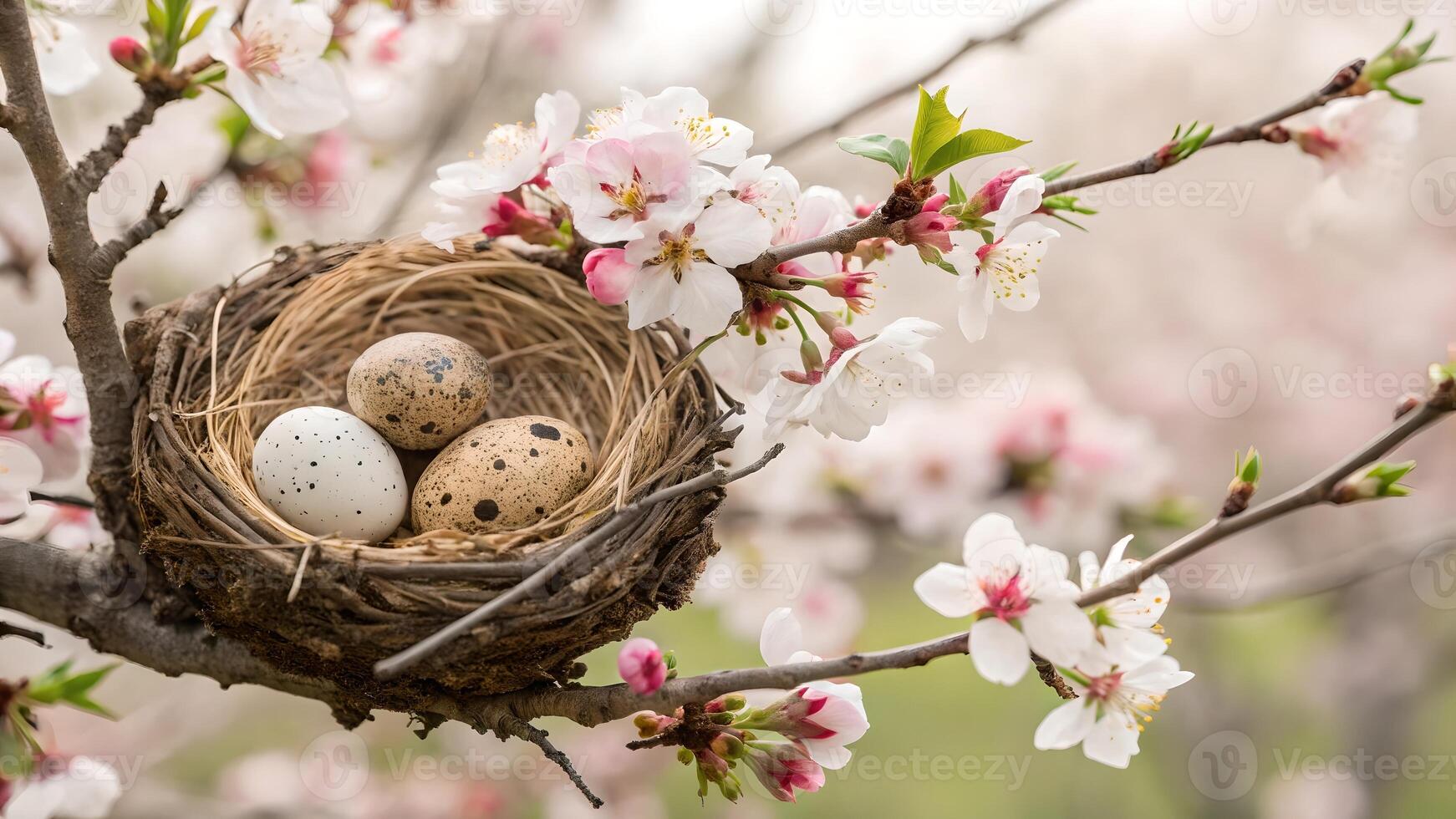 Quail Eggs Nestled in Spring Blossom Tree photo