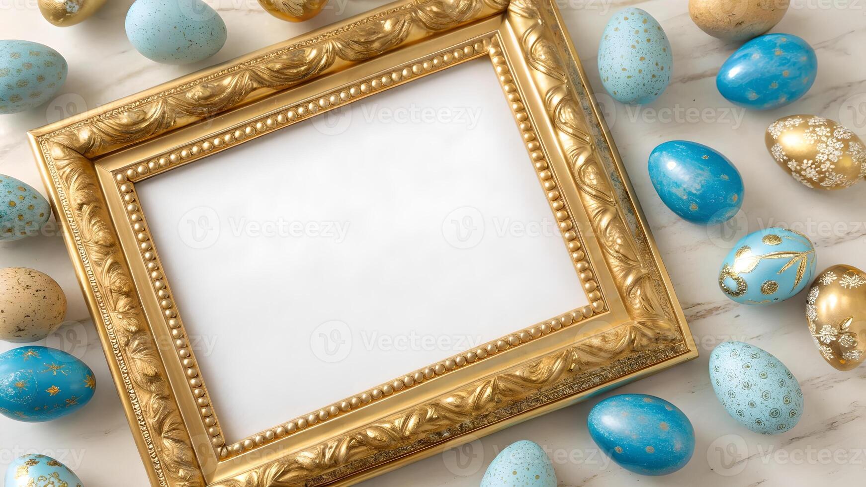 Gold Frame Surrounded by Pastel Blue and Gold Easter Eggs photo