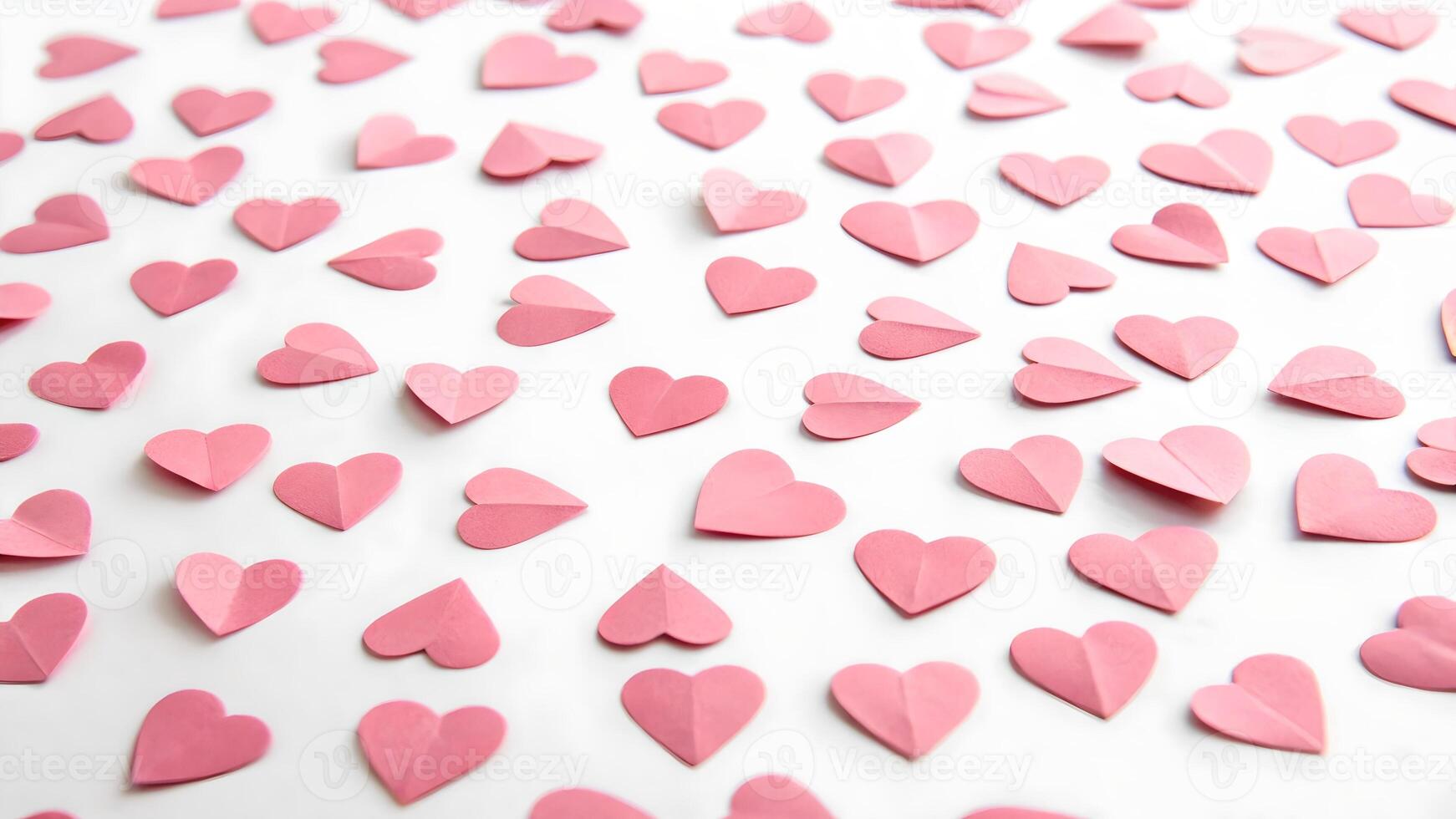 Pink Paper Hearts Scattered on White Background photo