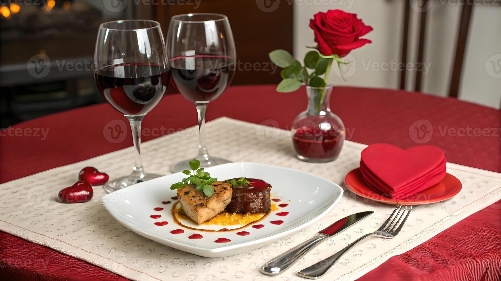 Romantic Valentine's Day Dinner Setting with Red Wine and Gourmet Meal photo
