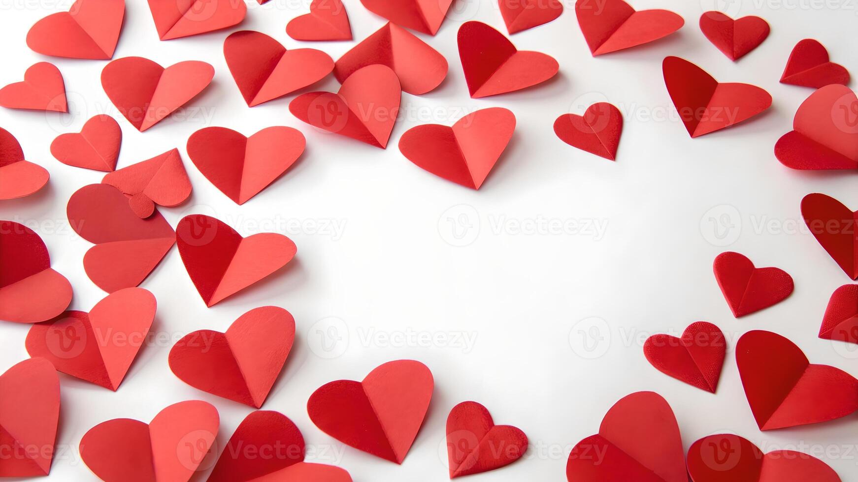 Romantic Red Paper Hearts Frame on White Background photo