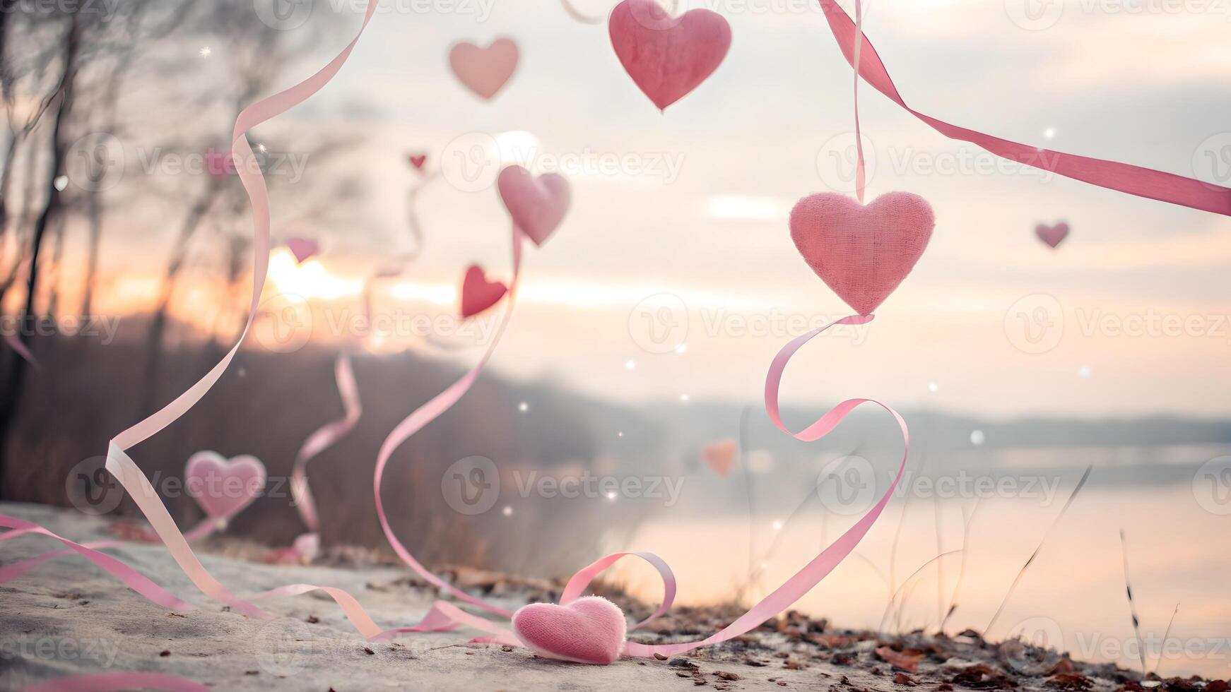 Pink Hearts Floating on Ribbon at Sunset Romantic Scene photo