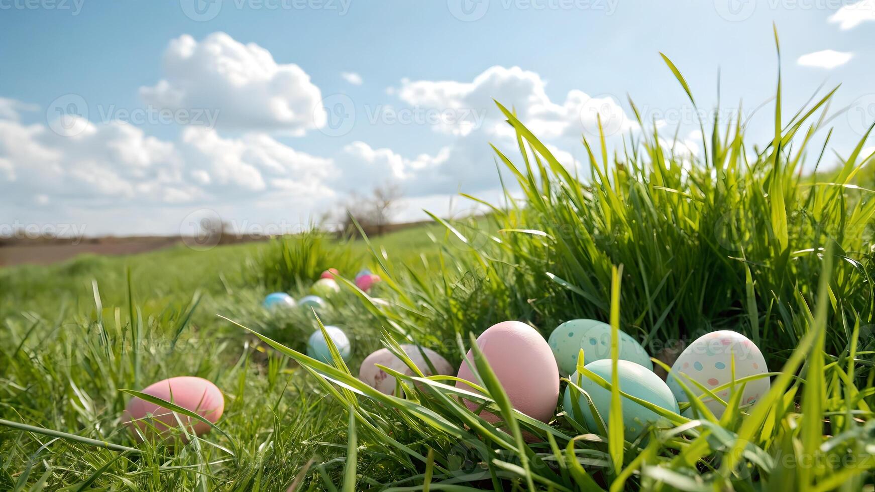 Pastel Easter Eggs Hidden in Sunny Spring Grass photo