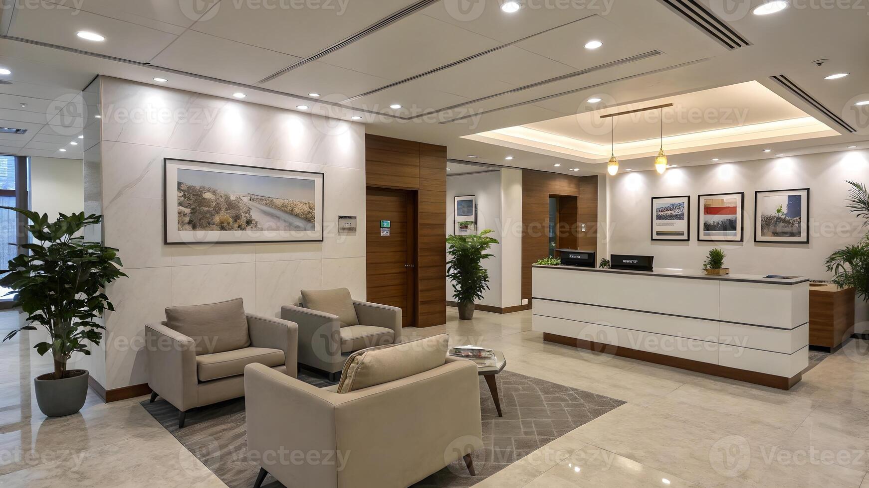Modern Office Reception Area with Comfortable Seating and Minimalist Design photo