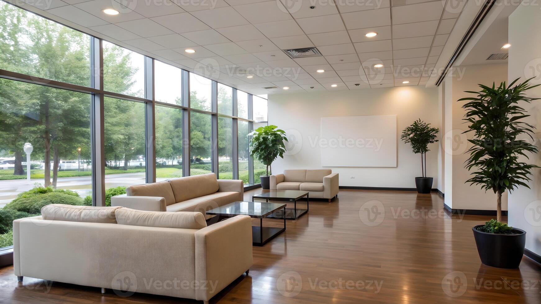 Bright Modern Office Lobby with Sofas, Large Windows, and Comfortable Atmosphere, Featuring Blank Whiteboard for Customization photo