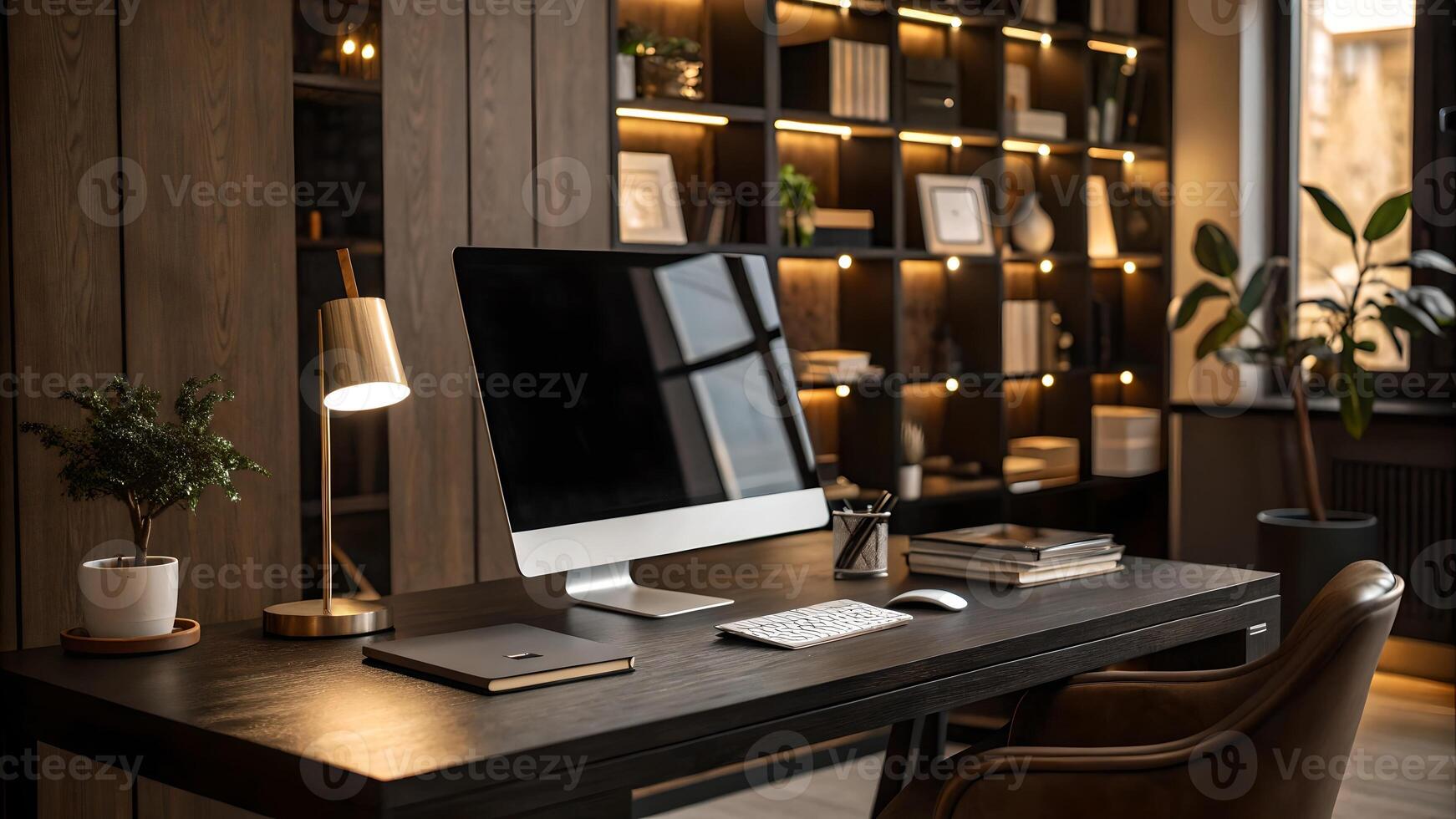 Sophisticated Home Office Setup Featuring Modern Computer, Dark Desk, and Warm Ambient Lighting photo