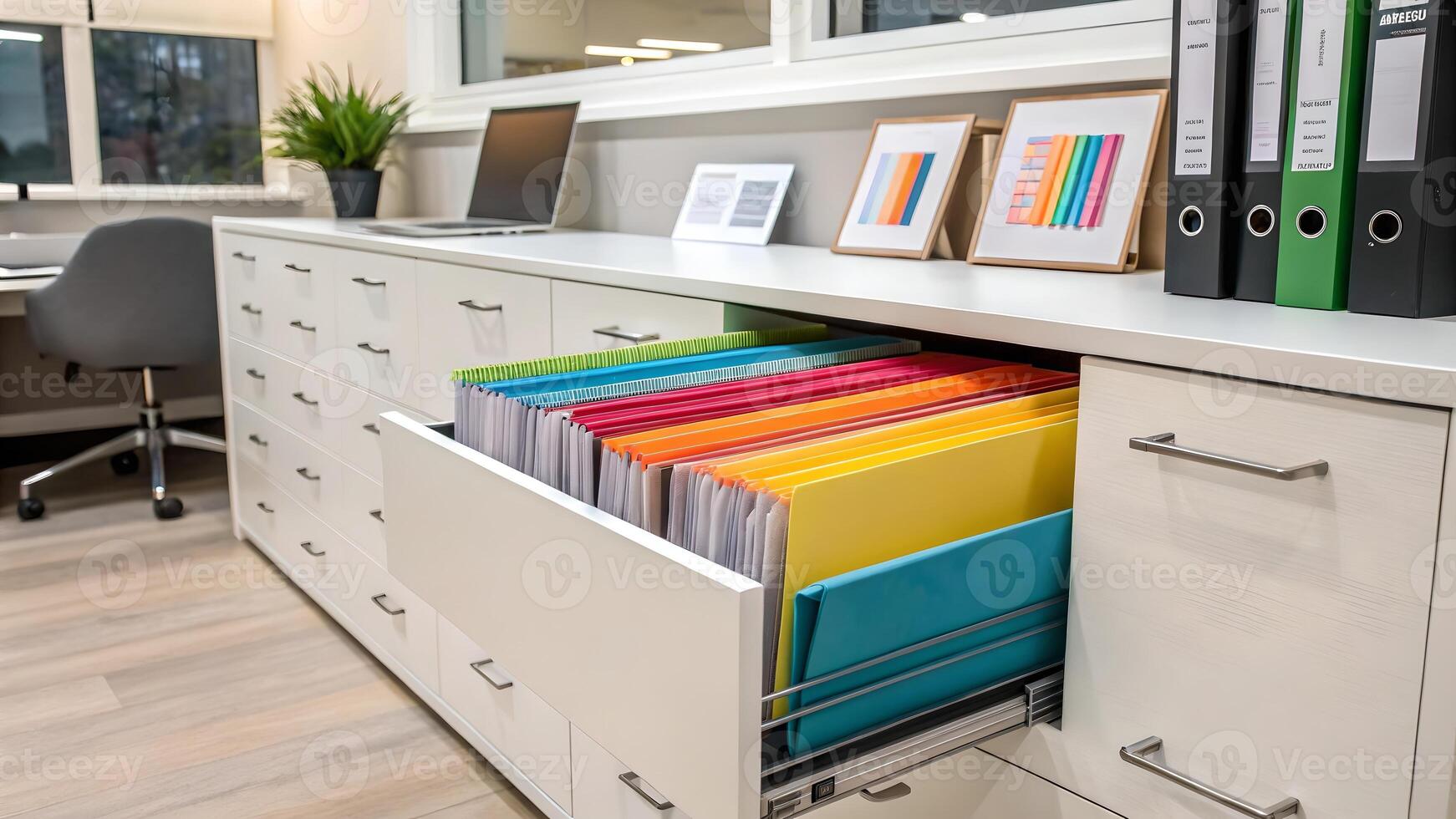 Organized Office Workspace Colorful File Folders in Modern White Cabinet, Natural Light, Productive Ambiance photo