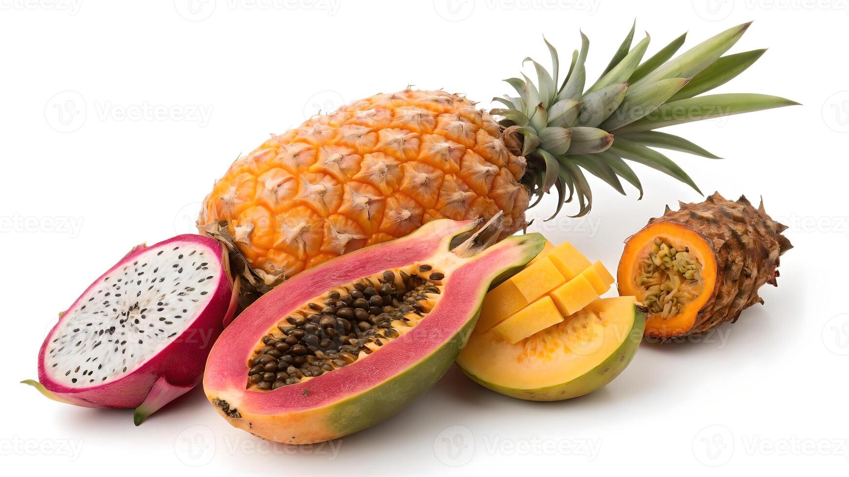 Vibrant Exotic Fruits Still Life Pineapple, Dragon Fruit, Papaya, Horned Melon on White Background photo