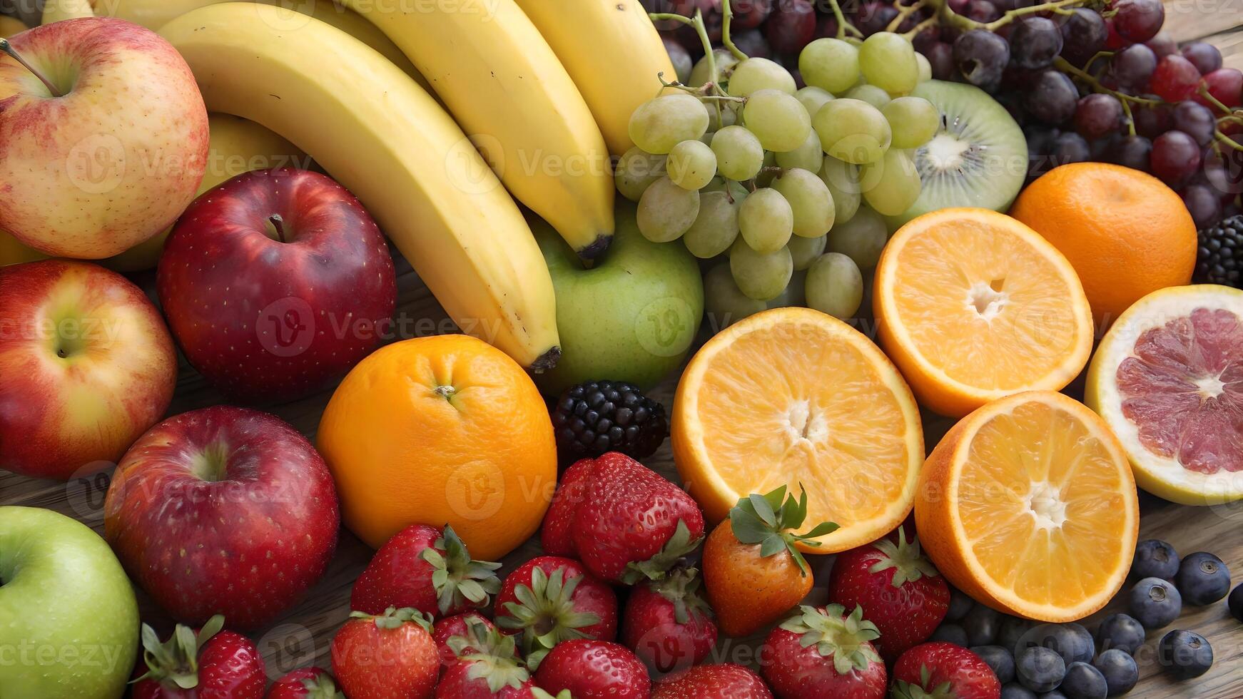 Fresh Fruits Abundance Colorful Apple, Banana, Grape, Strawberry, and Orange Still Life Composition photo
