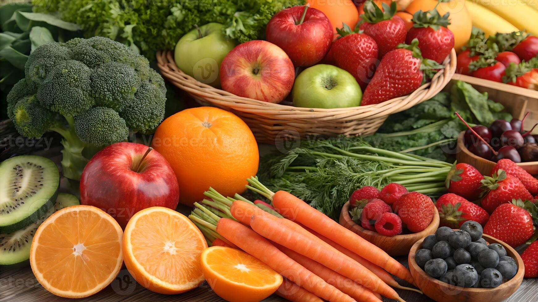 Abundant Fresh Fruits Vegetables and Berries Displayed on Wooden Surface Healthy Eating Concept photo