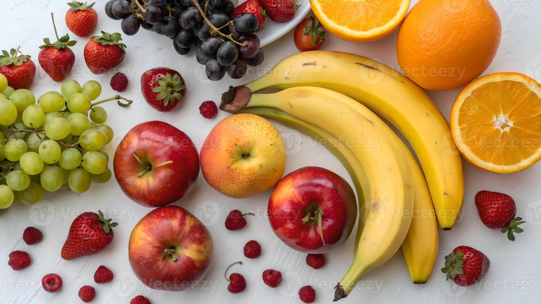 Vibrant Mixed Fruit Platter Overhead Flat Lay Display of Strawberries Grapes Apples Bananas Oranges and Raspberries Healthy Food Concept photo