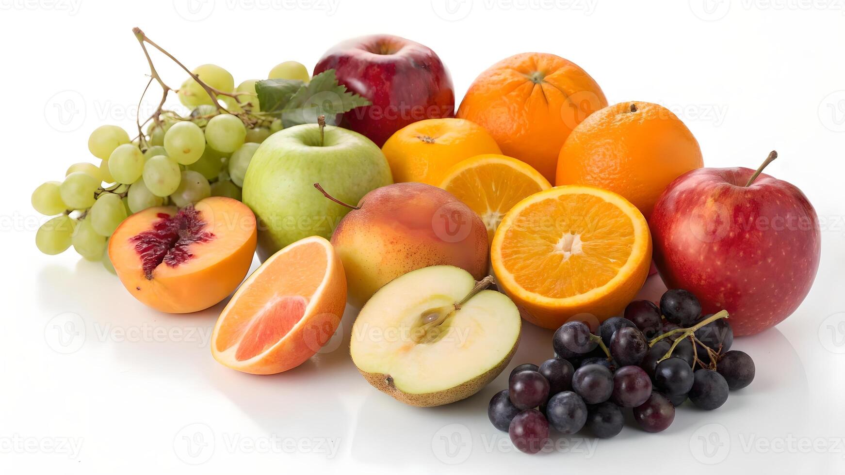 Abundant Fruit Assortment Featuring Apples Oranges Grapes and Peaches Still Life photo
